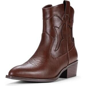 Vepose Womens Size 7 Whisky Brown Pull On Ankle Booties Embroidered Cowboy Boots